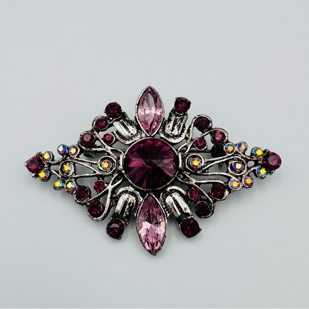 Vintage 1960s Rhinestone Brooch Purple & Pink Silver Tone Breast Cancer Events